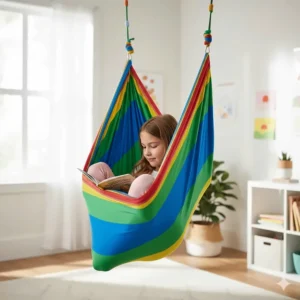 A colorful fabric compression swing providing vestibular input for kids with autism spectrum disorder.