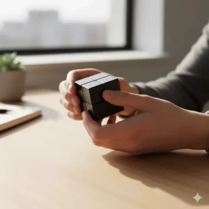 Hands of an adult manipulating a matte black infinity cube to improve focus and manage anxiety.