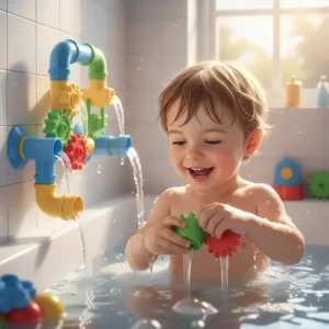 Interactive floating gears and water pipe toys making bath time fun for 2 year old boys.