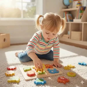 A wooden chunky animal puzzle and sorting game designed as one of the best developmental toys for 3 year olds.