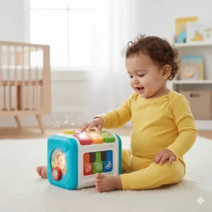 An interactive musical toy with buttons and lights to help a 9 month old baby learn cause and effect through sound.