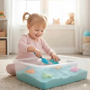 A sensory bin filled with kinetic sand and molds, providing tactile stimulation for a 2 year old girl.