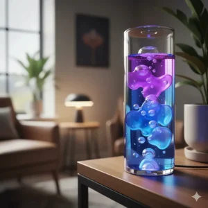 A liquid motion bubbler on a shelf providing soothing visual sensory input for an adult relaxation space.