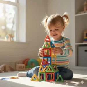 Colorful magnetic building tiles arranged in a tower, a top-rated STEM toy for 2 year old girls.
