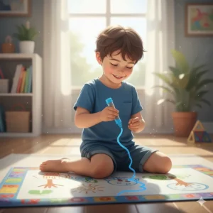 A toddler boy using a water drawing mat, a creative and mess-free toy for 2 year olds.