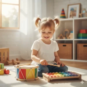 A toddler-sized drum, xylophone, and tambourine set, highlighting the best musical toys for 3 year olds.