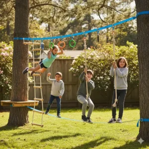 A backyard ninja warrior obstacle course with hanging rings and climbing ropes for older children.