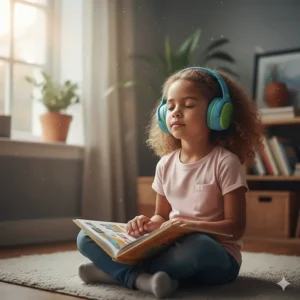 Child-friendly noise-canceling headphones used to reduce overstimulation during quiet play time.