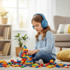 An illustration of a child wearing comfortable noise-canceling headphones while playing with building blocks to manage overstimulation.