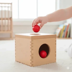 A Montessori-style object permanence box with a wooden ball, a popular educational toy for 9 month old babies.