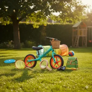 A vibrant illustration of a child’s balance bike and a backyard exploration kit with a magnifying glass for active outdoor play.