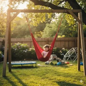 A sensory pod swing in a backyard providing vestibular input for kids with ADHD and sensory needs.