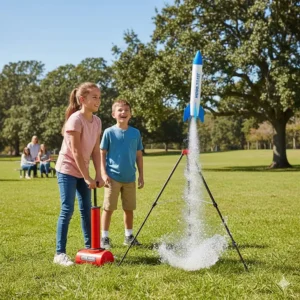 A high-pressure water rocket kit being launched by a 12-year-old in a park.