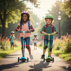 Illustration of an adjustable scooter and helmet, perfect for active outdoor play for 6-year-olds.