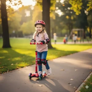 A three-wheeled kick scooter and ball, representing the best active outdoor toys for 3 year olds for physical development.
