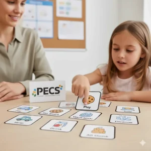 Educational picture exchange communication cards (PECS) used as interactive learning toys for non-verbal autistic kids.