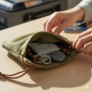 A small pouch containing portable adult sensory toys like marble fidget sleeves and acupuncture rings.