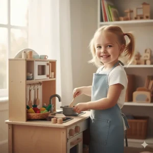 A miniature toy kitchen set with plastic food items, showcasing imaginative role play toys for 3 year olds.