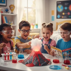 A kid-friendly chemistry set illustration showing a safe volcano experiment for a 6-year-old’s first science lesson.