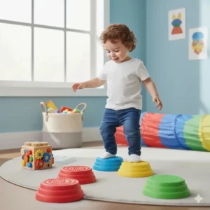 Non-slip colorful stepping stones used as sensory toys to improve balance and vestibular processing in toddlers.