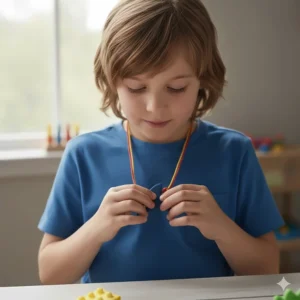 A child wearing a blue shark-fin shaped sensory chew necklace made of food-grade silicone.