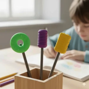 Colorful sensory chew toys used as pencil toppers to help students focus during schoolwork.