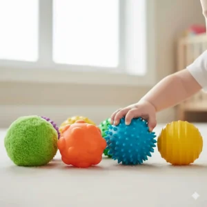 Different textured sensory balls in various colors for 9 month old babies to squeeze and explore.