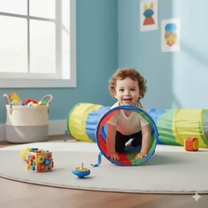 A bright pop-up sensory tunnel providing proprioceptive input and a safe space for autistic toddlers to crawl.