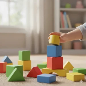 Colorful large stacking blocks designed for 18 month old toddlers to improve fine motor skills.