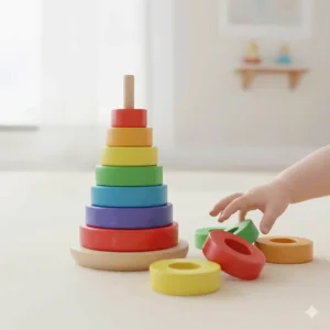 An illustration of classic nesting and stacking rings, ideal for improving hand-eye coordination in 9 month old infants.