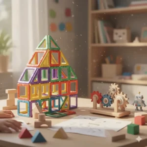 A 3D illustration of colorful magnetic building tiles and wooden gear sets designed to help four-year-olds develop early engineering skills.