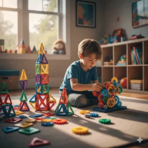 Complex magnetic building blocks and gear sets that encourage deep hyperfocus and creative problem-solving.
