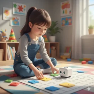 An illustration of a child using a screen-free coding robot toy to learn basic programming logic.
