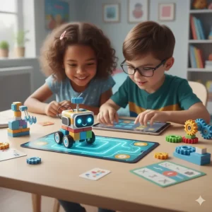 An illustrative guide to beginner coding robots and STEM kits designed for 6-year-old learners.