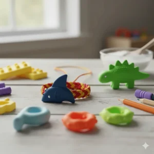 Close-up illustration of different bumps and ridges on sensory chew toys to provide tactile input.