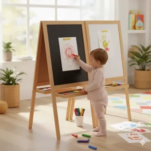 A double-sided art easel for a 2 year old girl with chunky crayons and washable markers for creative play.