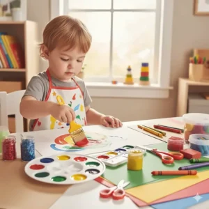 An illustration of a washable art kit and supplies, one of the best creative toys for 3 year olds to encourage artistic expression.