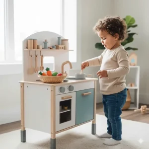 Miniature play kitchen set with accessories to encourage imaginative pretend play for 18 month old kids.