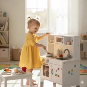 A miniature wooden play kitchen with toy food and pots, perfect for imaginative play for 2 year olds.