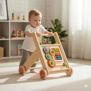 A sturdy wooden push walker with activities to help 18 month olds practice walking and balance.