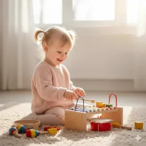 A bright wooden xylophone and drum set, highlighting the best musical toys for 2 year old girls.