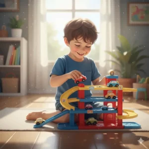 A multi-level toy car garage and ramp set designed for 2 year old boys to enjoy pretend play.