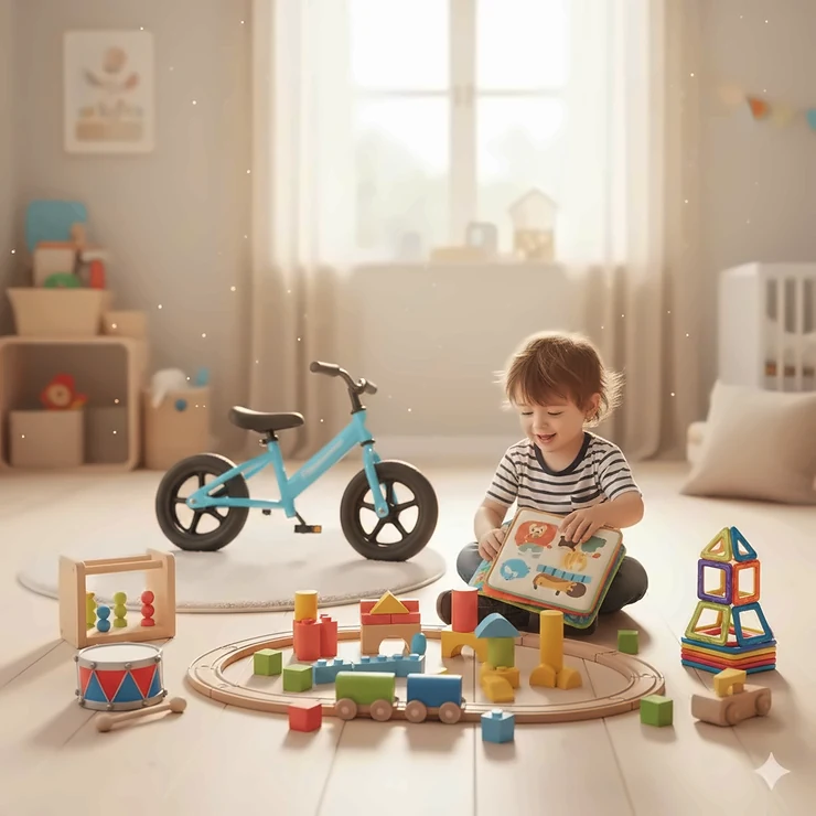 A curated selection of educational and active toys for 2 year old boys, including a wooden train set and building blocks.