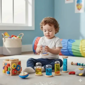 Colorful glitter-filled sensory bottles and liquid timers designed for visual stimulation for autistic children.