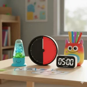 A colorful liquid motion bubbler and a 60-minute visual countdown clock for ADHD time management.