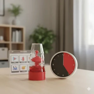 A red liquid motion bubbler and a visual countdown clock used as transition toys for autistic kids.