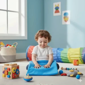 A calming weighted lap pad used to provide deep pressure input for toddlers with sensory processing needs.