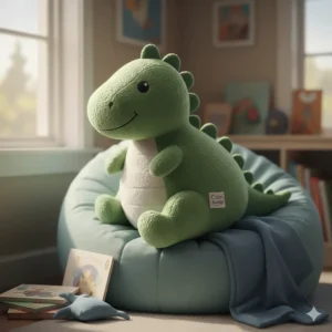 A soft weighted lap pad shaped like a dinosaur designed to provide calming deep pressure input for neurodivergent children.