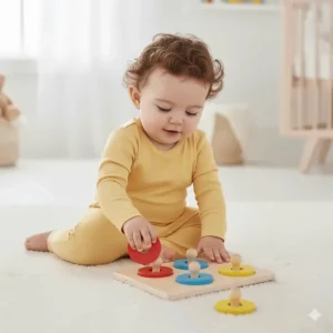 A simple wooden puzzle with large knobs to help a 9 month old practice their pincer grasp and problem-solving.
