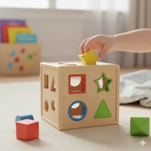 Classic wooden shape sorter toy with chunky geometric pieces perfect for 18 month old cognitive development.